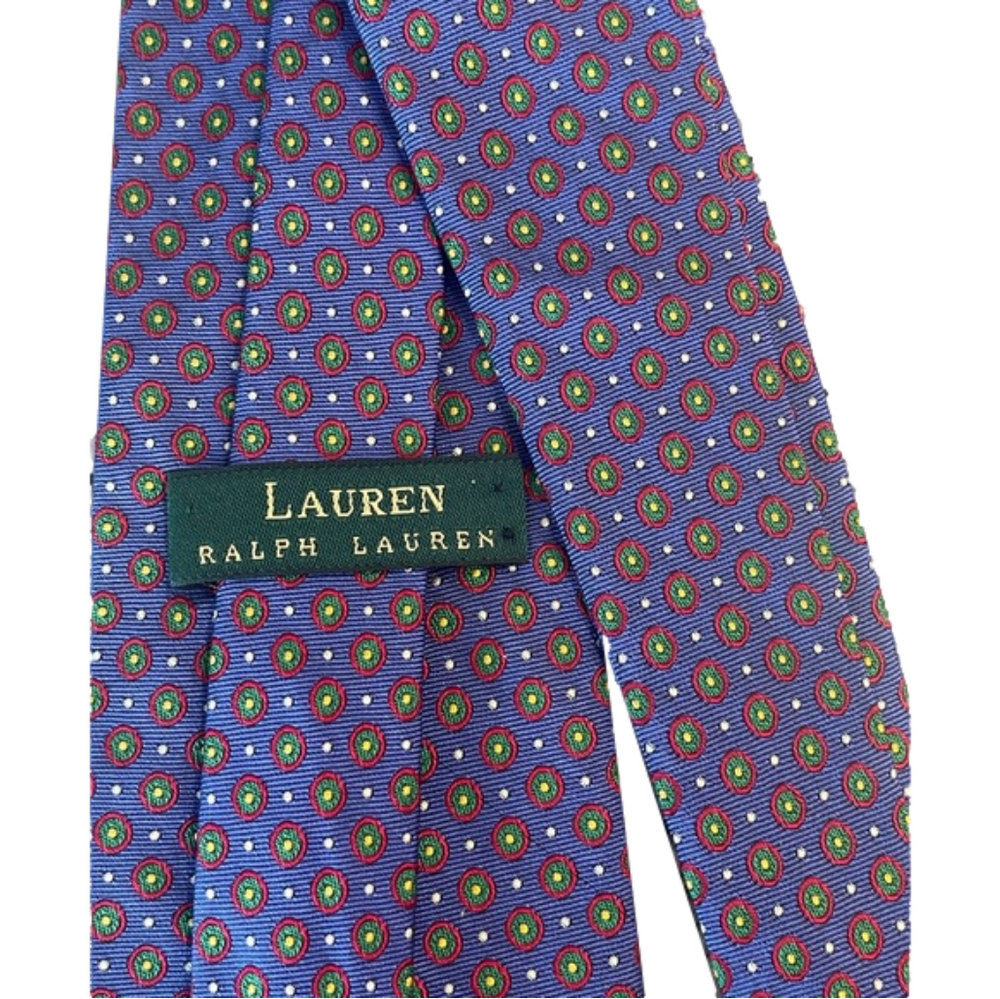 Lauren Ralph Lauren Blue Red Green Tan White Circles & Dots Tie 100% Silk hand